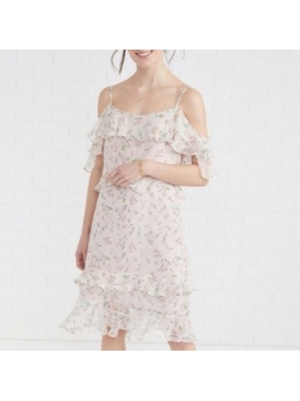Amour Vert Pale Pink Floral Cold-Shoulder Ruffle Midi Dress